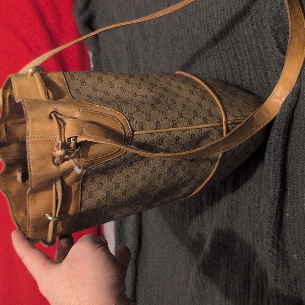 Authentic Gucci Tan Monogram Drawstring Shoulder … - image 2